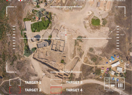 A simulated drone's heads-up display showing an aerial view of an archaeological site, with four distinct locations identified as TARGET 1 through TARGET 4.